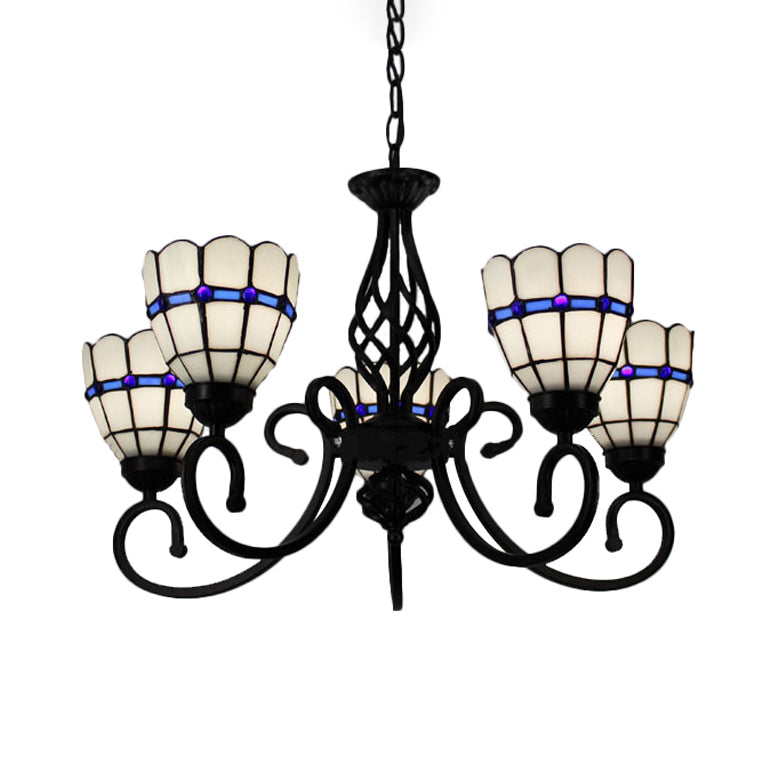 Tiffany Style Stained Glass Chandelier: Curved Arm Pendant Lamp With 5 Yellow/Blue Lights Blue
