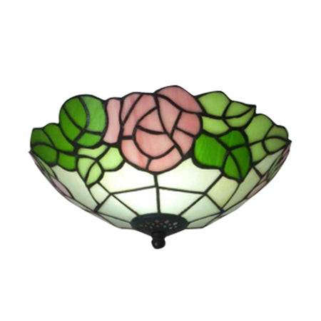 Bowl Flush Rustic Loft Stained Glass Ceiling Light With Rose Pattern In Pink/White White