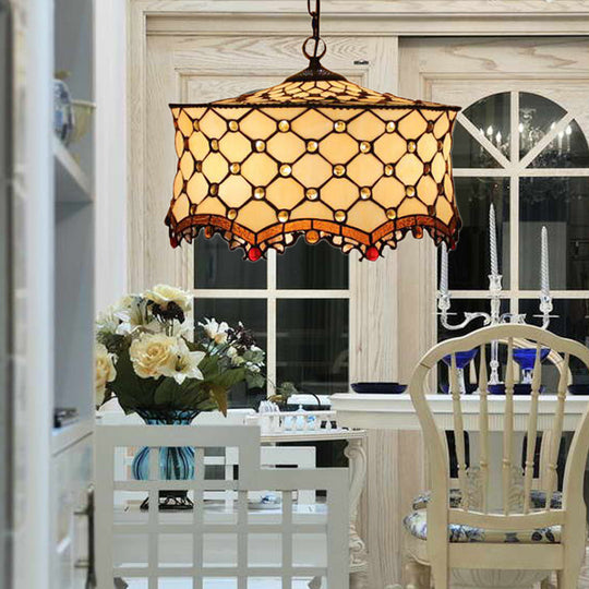 Beigefarbene Deckenleuchte mit Schmucksteinen im Tiffany-Stil und 3 Köpfen: Elegante Pendelleuchte aus Edelstahlglas