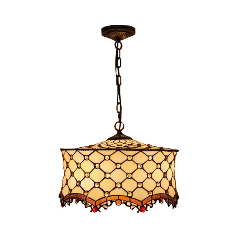 Beigefarbene Deckenleuchte mit Schmucksteinen im Tiffany-Stil und 3 Köpfen: Elegante Pendelleuchte aus Edelstahlglas