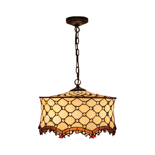 Beigefarbene Deckenleuchte mit Schmucksteinen im Tiffany-Stil und 3 Köpfen: Elegante Pendelleuchte aus Edelstahlglas
