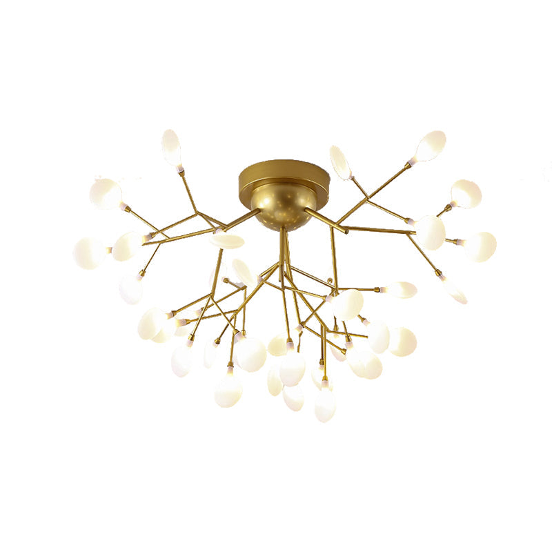 Modern Gold Multi - Head Semi Flush Ceiling Light For Hotels - Creative Plant - Shaped Metal Fixture