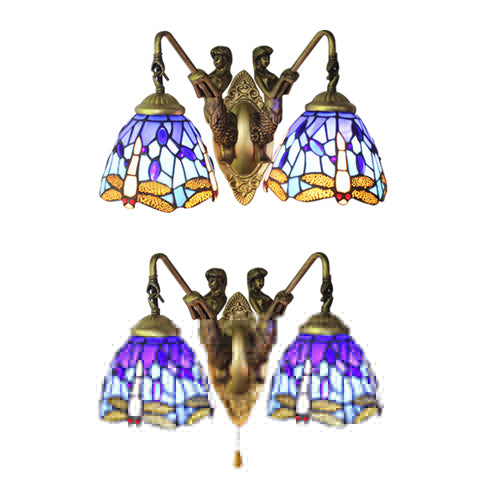 Blue Glass Dragonfly Tiffany Wall Lamp With Pull Chain - 2-Headed Brass Sconce Light