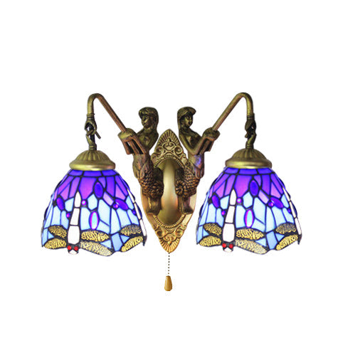 Blue Glass Dragonfly Tiffany Wall Lamp With Pull Chain - 2-Headed Brass Sconce Light