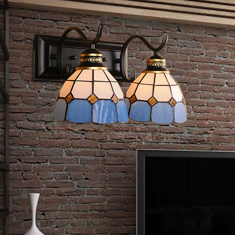 Mediterranean Stained Glass Domed Wall Light Fixture With 2 Lights In White/Black - Perfect For