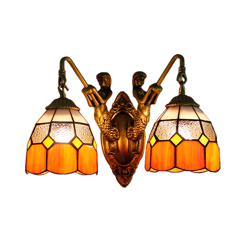 Tiffany Glass Sconce With Grid Pattern & 2 Orange/Green Heads- Wall Mounted Light