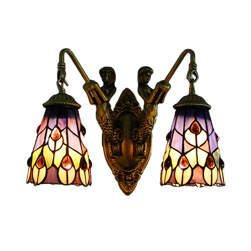 Multicolor Stained Glass Tiffany Wall Sconce Light Fixture With 2 Flared Heads Peacock Tail/Flower