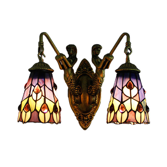 Multicolor Stained Glass Tiffany Wall Sconce Light Fixture With 2 Flared Heads Peacock Tail/Flower