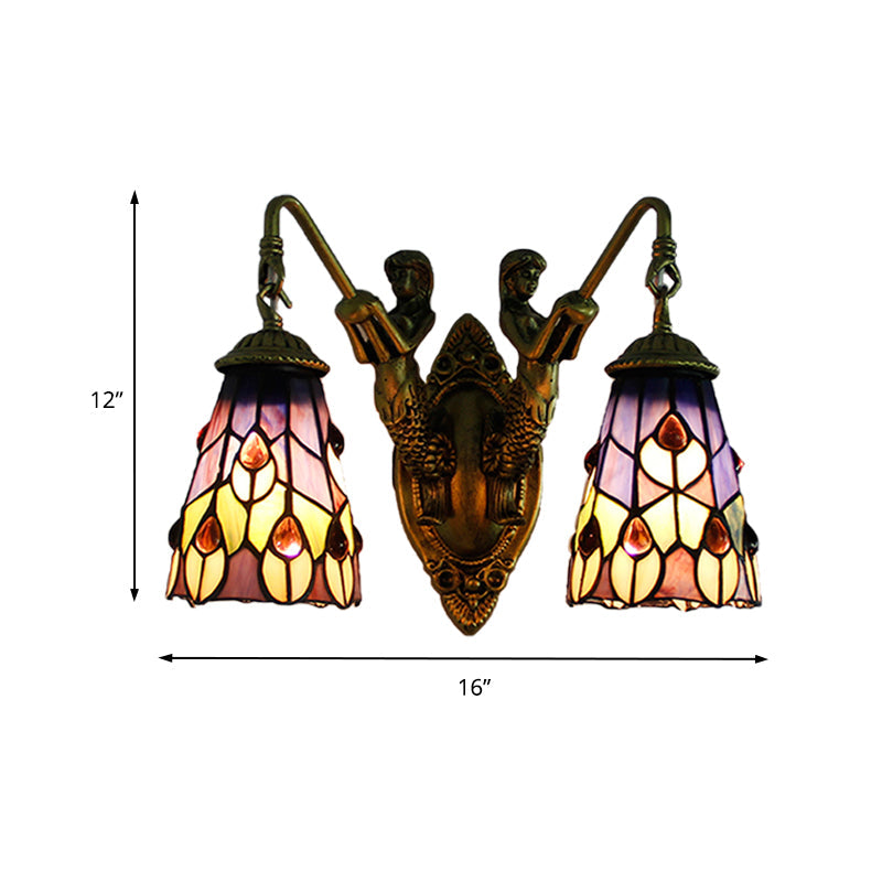 Multicolor Stained Glass Tiffany Wall Sconce Light Fixture With 2 Flared Heads Peacock Tail/Flower