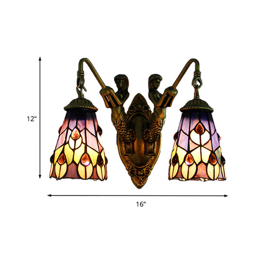 Multicolor Stained Glass Tiffany Wall Sconce Light Fixture With 2 Flared Heads Peacock Tail/Flower