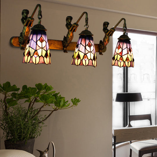Peacock Stained Glass Wall Sconce With 3 Flared Headlights