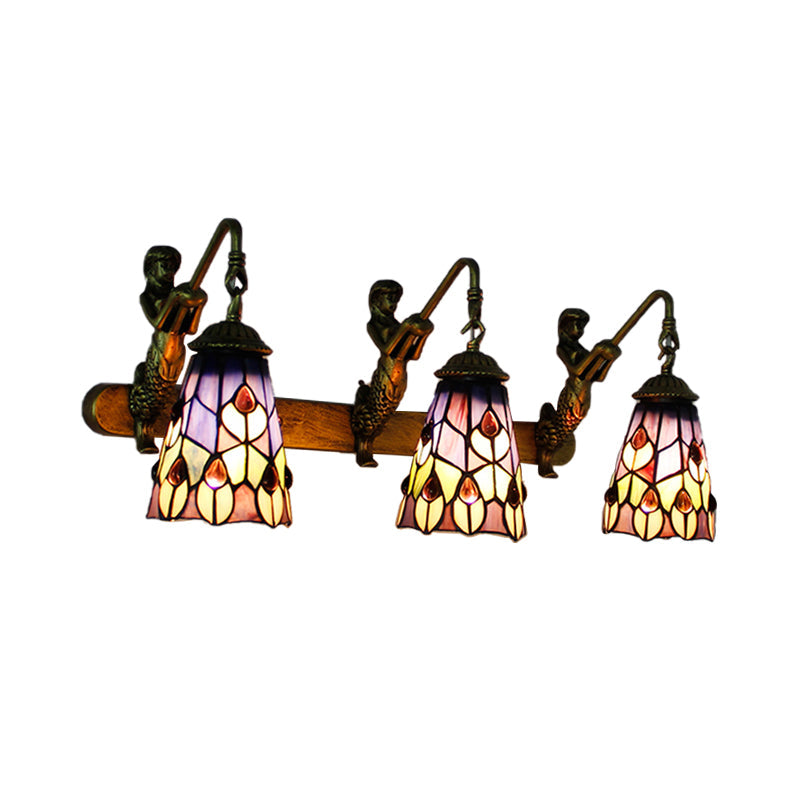 Peacock Stained Glass Wall Sconce With 3 Flared Headlights
