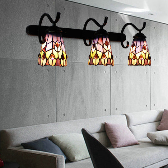 Tiffany Stained Glass Cone Sconce Wall Light With Peacock And Flower Design