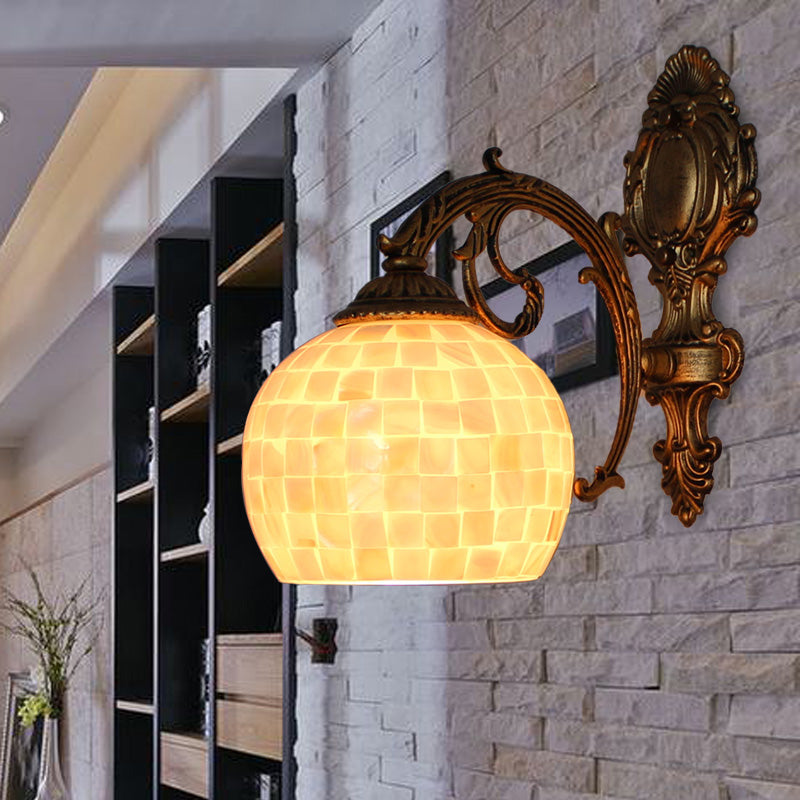 Brass Wall Sconce With Tiffany Mosaic Shell Shade - Bedroom Lighting