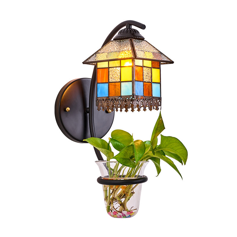 Tiffany Stained Glass Wall Mount Sconce Light With Plant Decoration - Clear/Beige