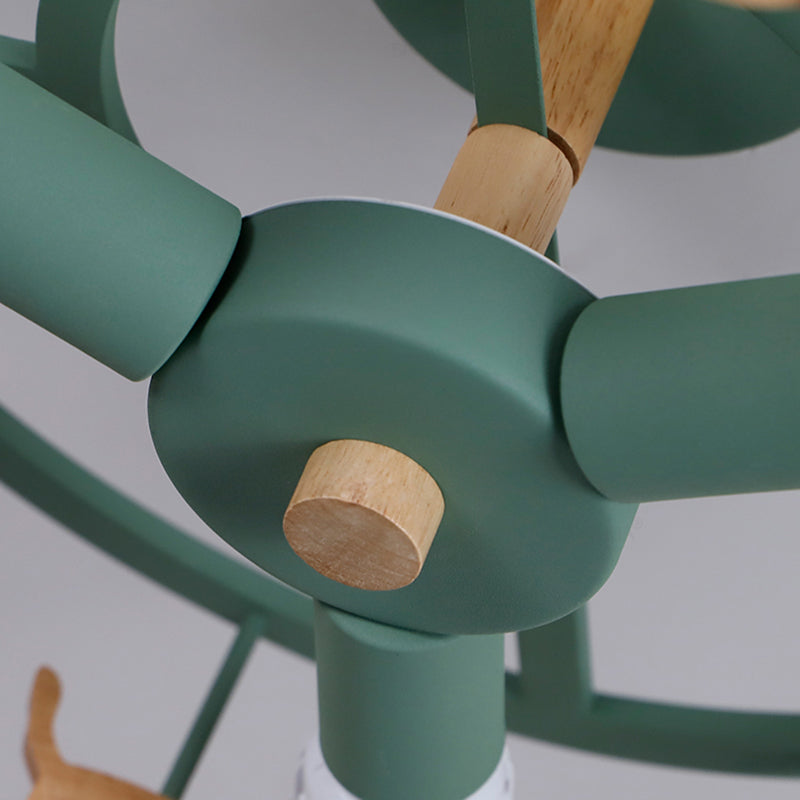 Green Macaron Merry - Go - Round Ceiling Light - Metal And Wood 3 Lights Semi Flush For Dining Room