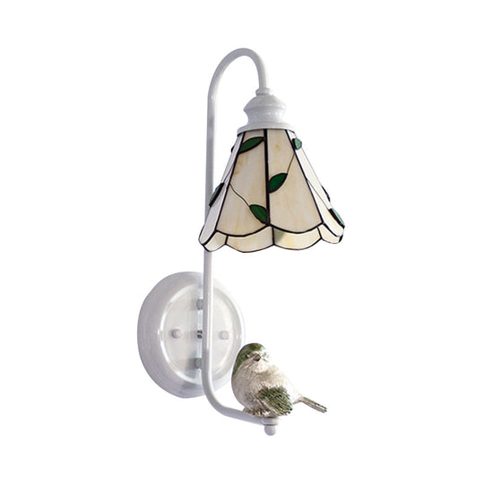 Mediterranean Blue-White Bedroom Wall Light With Stained Glass Shade