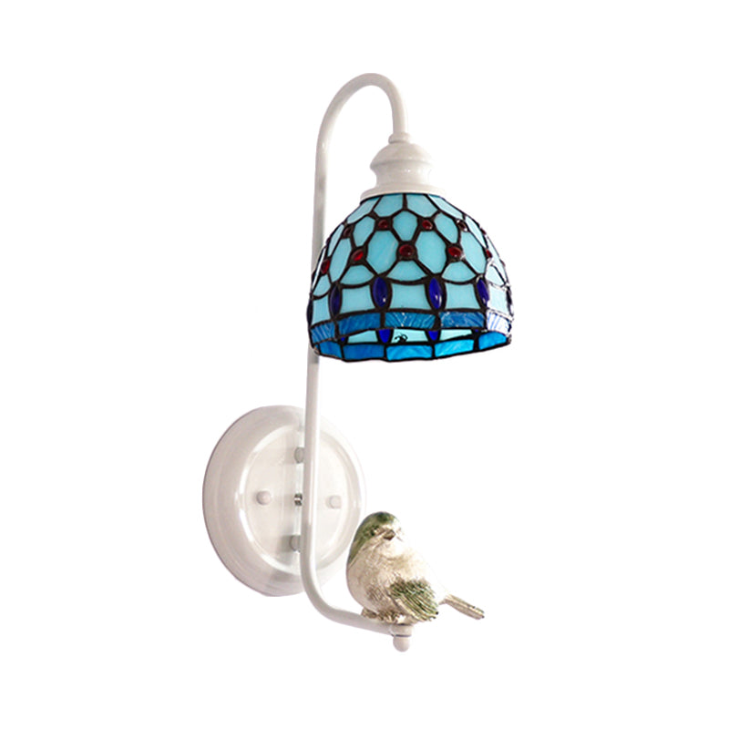 Tiffany Dome Stained Glass Wall Sconce With Square/Sunflower/Diamond Pattern - White