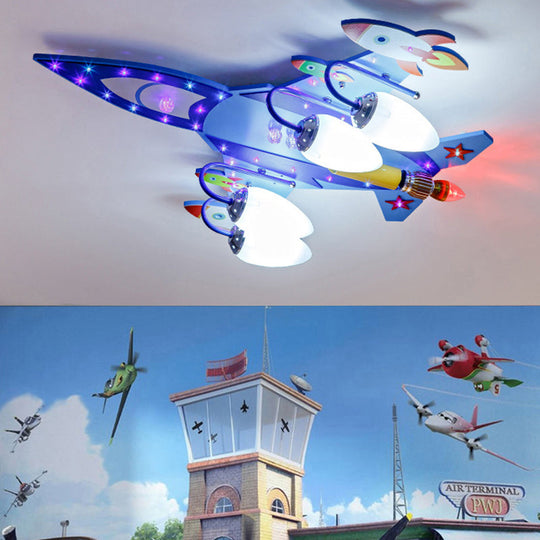 Blue Plane Child Bedroom Flush Mount Light - Modern Wood & Glass Ceiling Lighting