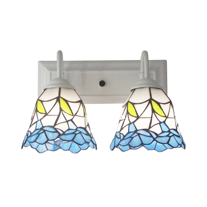 Flared Tiffany Blue Stained Glass Sconce Light With 2 Heads: Perfect For Bedroom