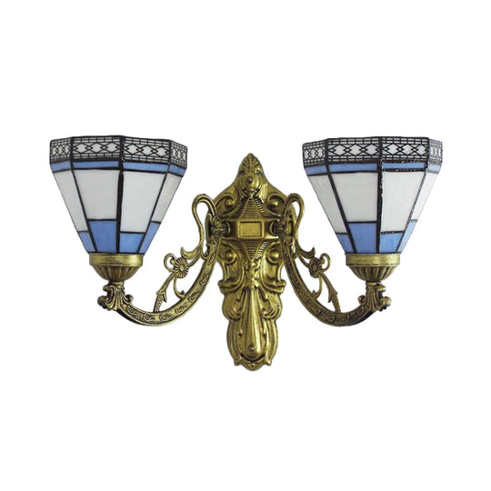 Rustic Stained Glass Wall Light - 2 Lights Orange/Pink/Blue/Beige Library & Living Room Sconce