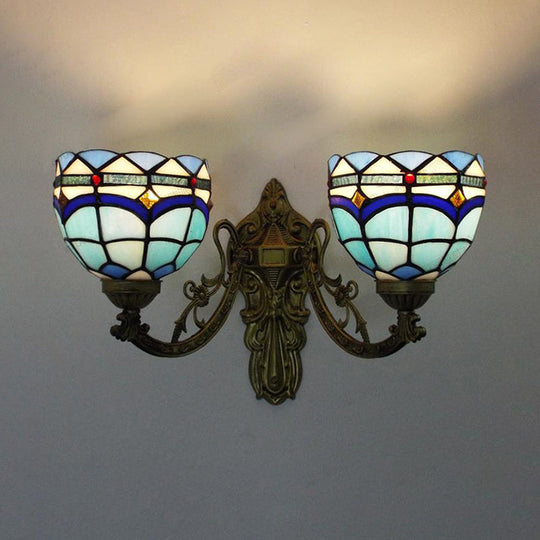 Baroque Bowl Wall Light Fixture With Carved Arm: Stained Glass Sconce Lighting In Blue/Beige For
