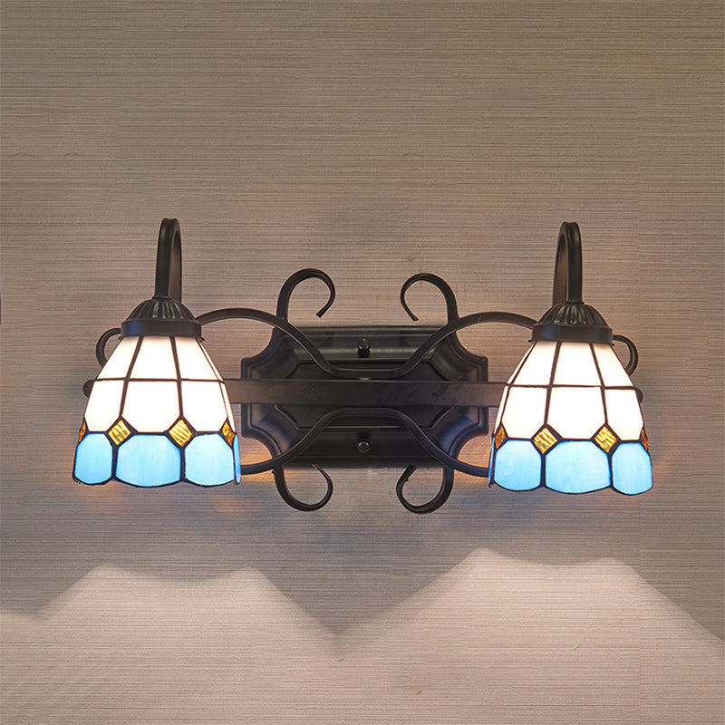 Mediterranean Dome Stained Glass Vanity Lighting: 2-Head Wall Sconce For Bathroom