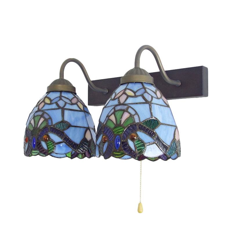 Baroque Blue Glass Sconce Light With Pull Chain Switch - 2-Head Bowl Wall Fixture