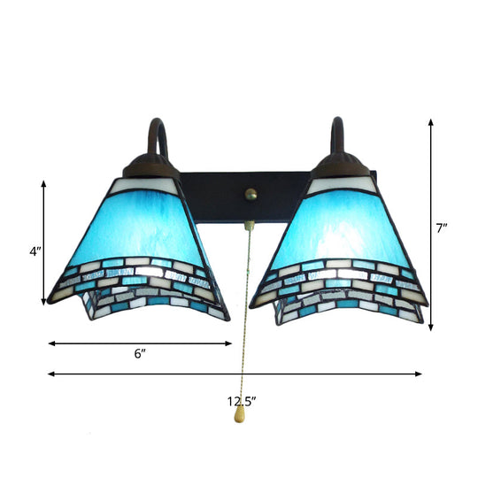 Blue Glass Mediterranean Wall Sconce With Dual Heads And Pull Chain Switch