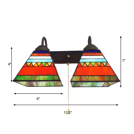 Tiffany Orange Glass Pyramid Sconce - 1 Head Black Wall Mount Light With Pull Chain