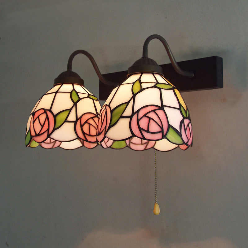 Victorian Stained Glass Wall Light Fixture With Pull Chain Switch - Pink Rose 2-Head Black Sconce