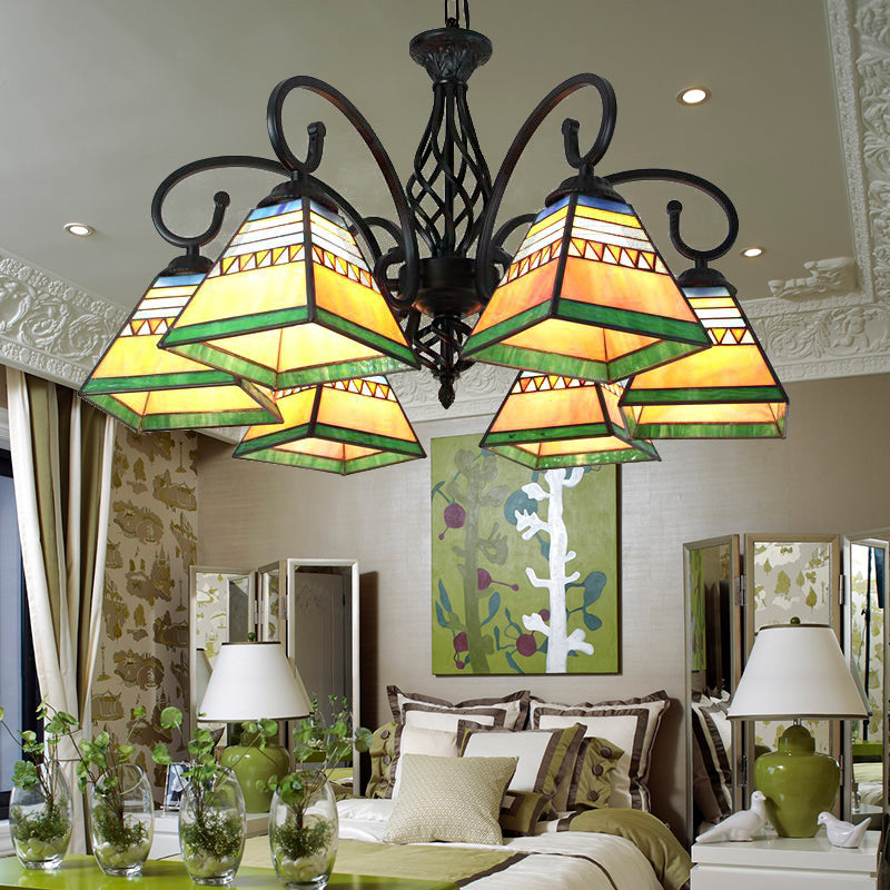 Mission Style Stained Glass Pyramid Pendant Light - 6 Lights Living Room Black