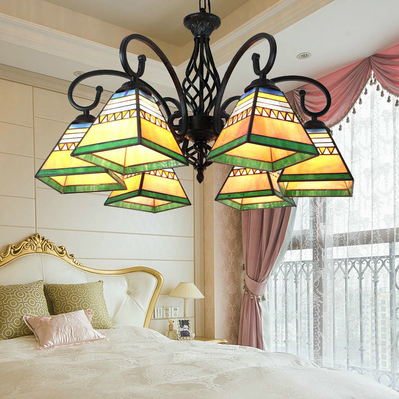 Mission Style Stained Glass Pyramid Pendant Light - 6 Lights Living Room