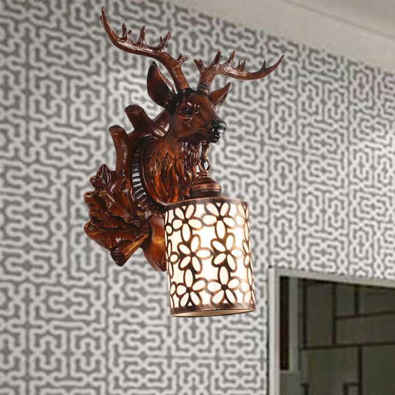 Rustic Resin Sika Deer Wall Lamp With Flower Patterned Glass Shade - Brown/White 1 Head Sconce