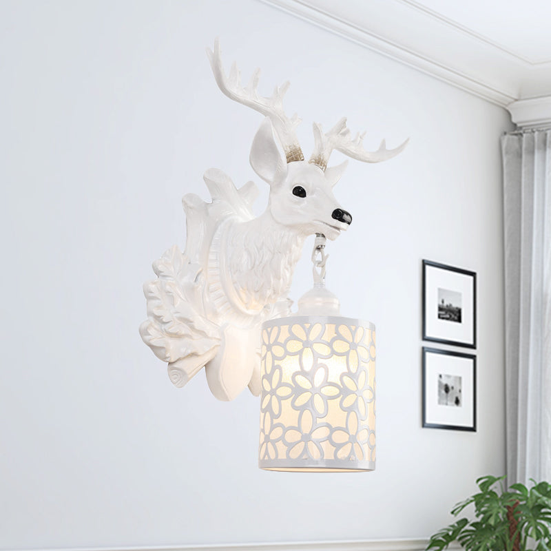 Rustic Resin Sika Deer Wall Lamp With Flower Patterned Glass Shade - Brown/White 1 Head Sconce
