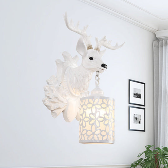 Rustic Resin Sika Deer Wall Lamp With Flower Patterned Glass Shade - Brown/White 1 Head Sconce