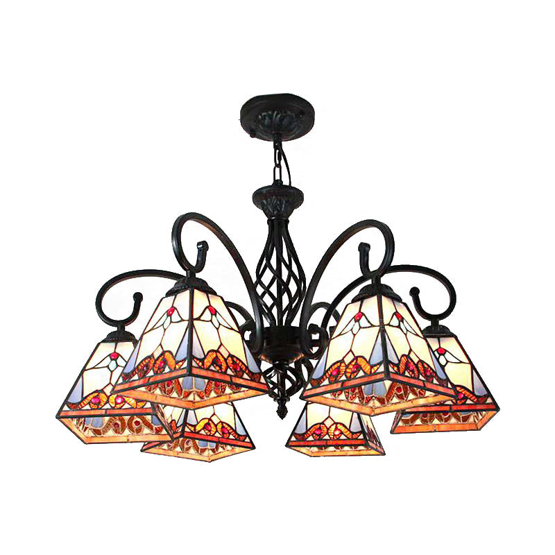 Traditional Stained Glass Pyramid Chandelier - 6-Light Hanging Ceiling Light For Foyer