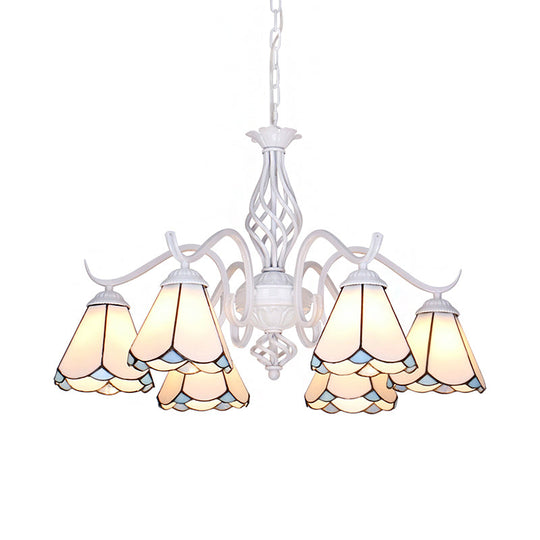 Traditional Stained Glass Pendant Chandelier With White Cone Finish In Blue/White