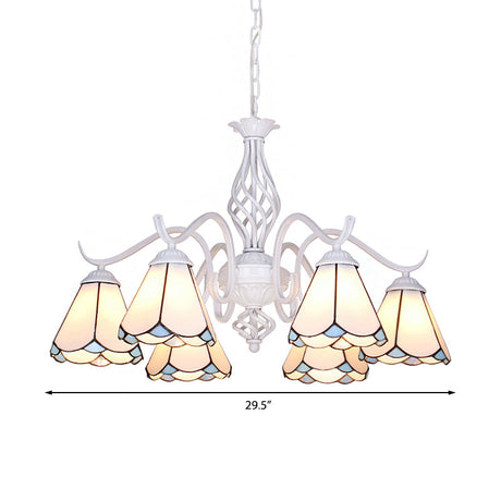 Blue/White Stained Glass Cone Ceiling Chandelier With Traditional White Finish - Multi-Light Pendant
