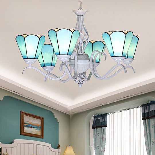 Traditional Stained Glass Pendant Chandelier With White Cone Finish In Blue/White Blue