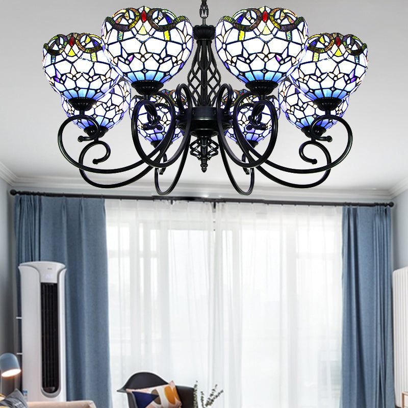 Blue/Brown Glass Baroque Chandelier With Bowl Shade And Black Finish For Foyer Ceiling Blue