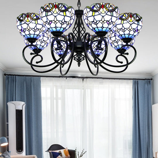 Blue/Brown Glass Baroque Chandelier With Bowl Shade And Black Finish For Foyer Ceiling Blue