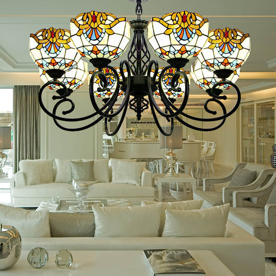 Baroque Chandelier Light: Blue/Brown Glass Bowl Shade Black Finish - Elegant Foyer Ceiling Pendant
