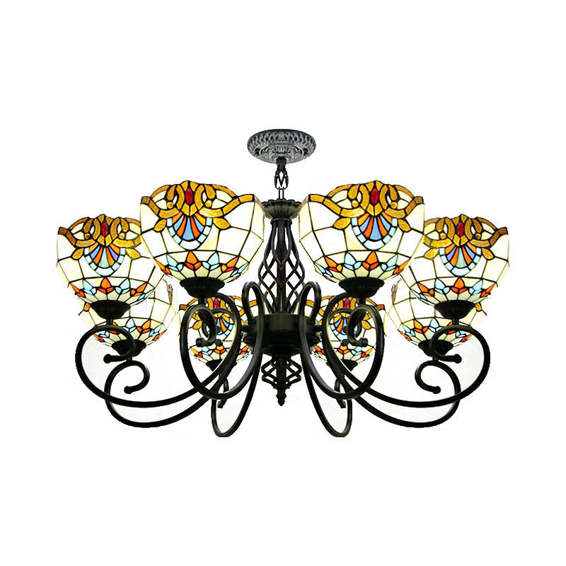 Baroque Chandelier Light: Blue/Brown Glass Bowl Shade Black Finish - Elegant Foyer Ceiling Pendant