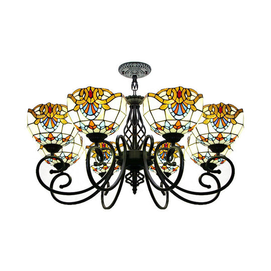 Baroque Chandelier Light: Blue/Brown Glass Bowl Shade Black Finish - Elegant Foyer Ceiling Pendant