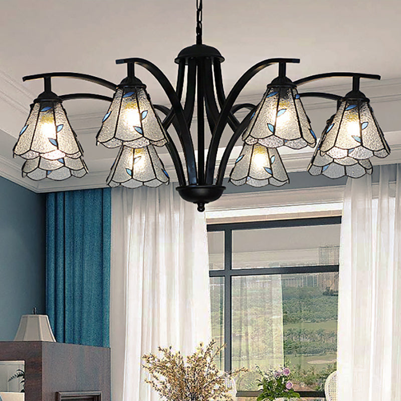 Stained Glass Cone Chandelier With Leaf Pattern - Traditional Ceiling Pendant Light In Blue/Green