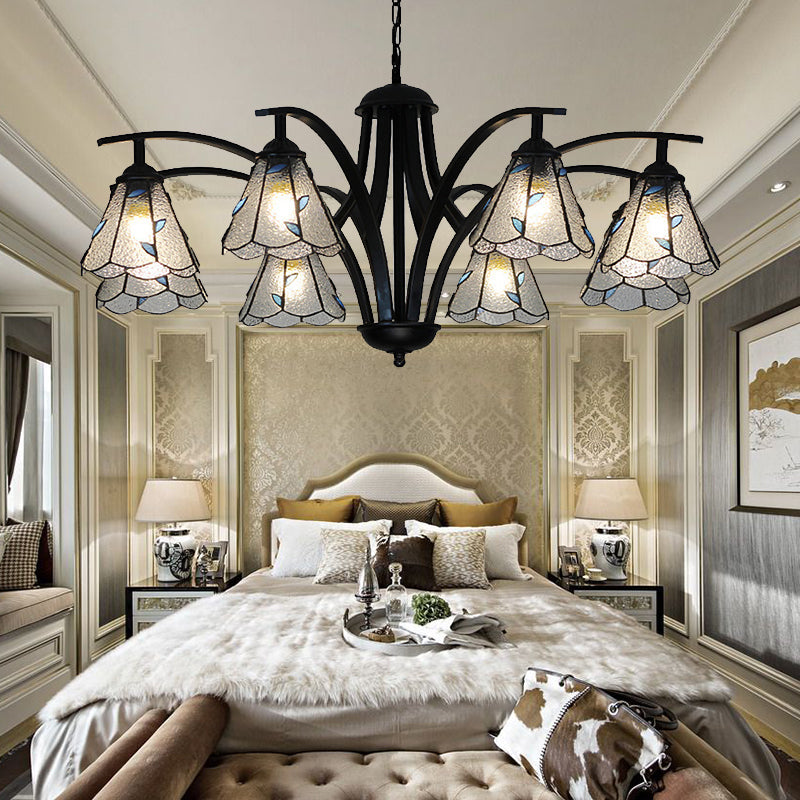 Stained Glass Cone Chandelier With Leaf Pattern - Traditional Ceiling Pendant Light In Blue/Green