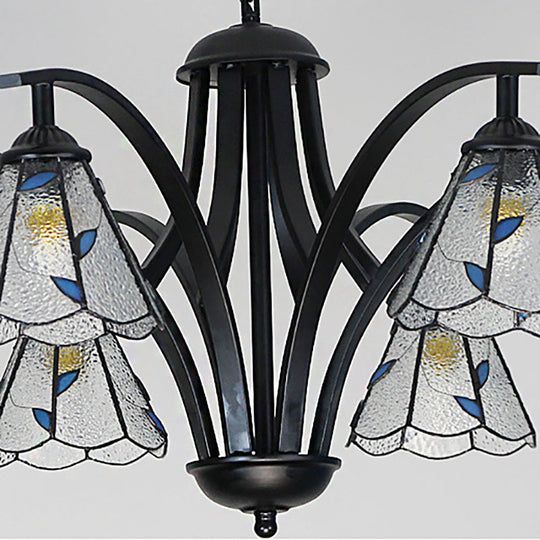 Stained Glass Cone Chandelier With Leaf Pattern - Traditional Ceiling Pendant Light In Blue/Green