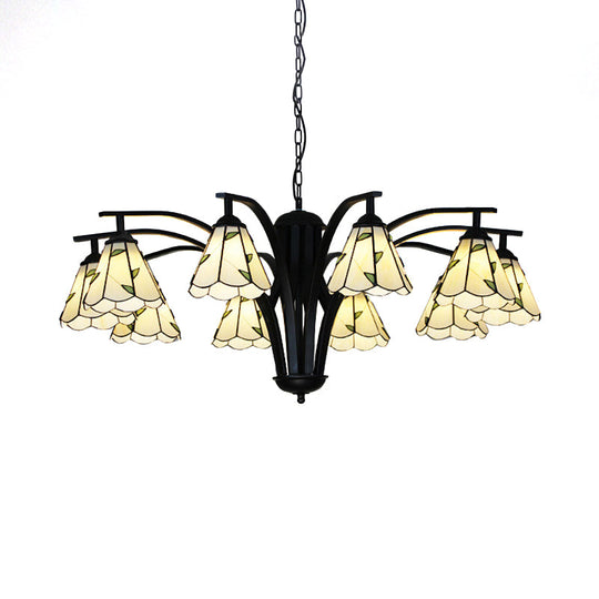 Stained Glass Cone Chandelier With Leaf Pattern - Traditional Ceiling Pendant Light In Blue/Green