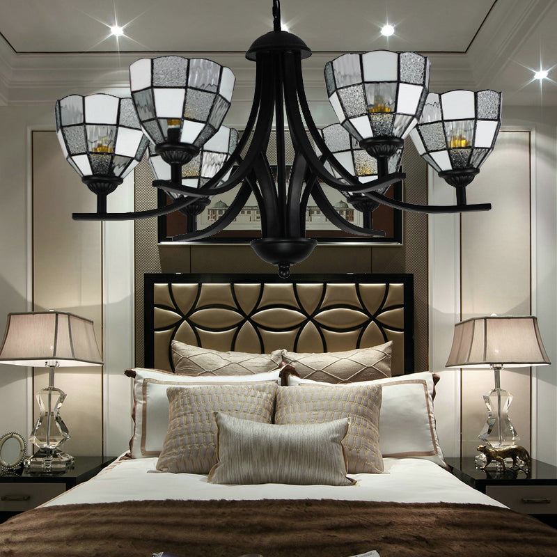 Traditional Tiffany Pendant Light With Grid Pattern 6/8 Lights 16’ Chain Clear